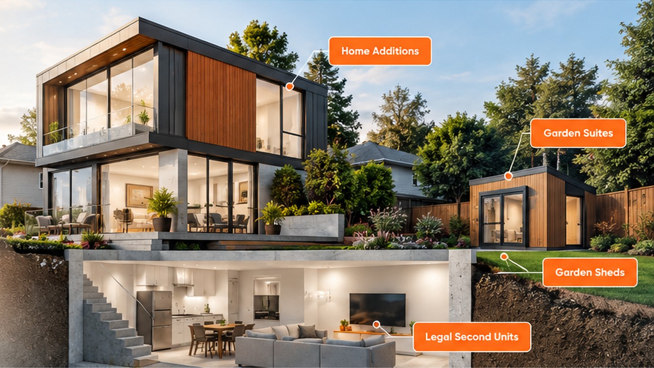 Architectural CGI concept showing second-floor home addition, basement second unit and backyard suites